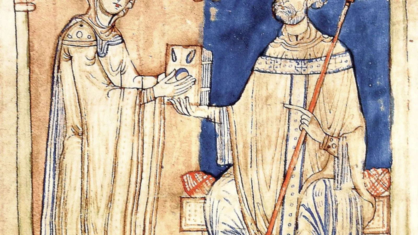 Twelfth-century manuscript miniature of Anselm presenting his Orationes to Countess Matilda of Tuscany.