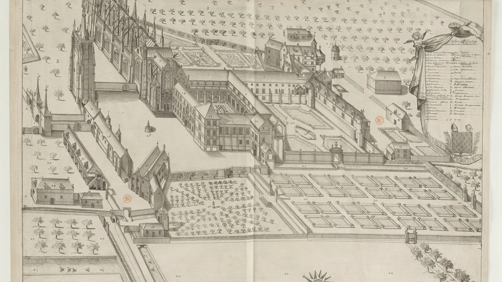 Seventeenth-century engraved view of the Abbey of Bec in Normandy.