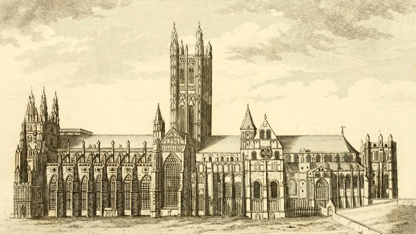 Engraved south prospect of Canterbury Cathedral from an early nineteenth-century topographical volume.