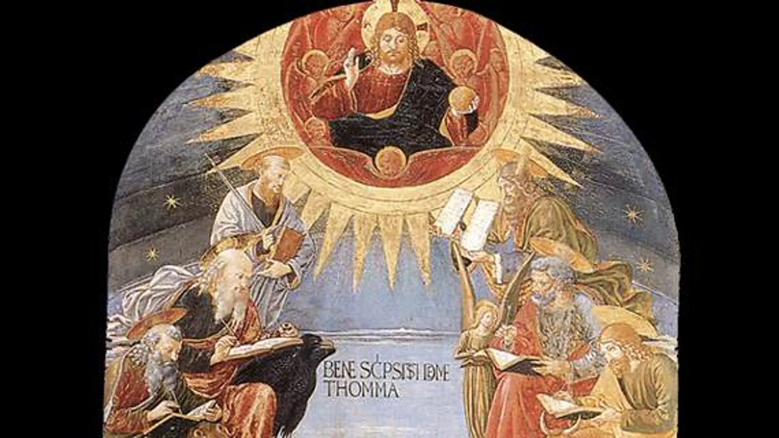Renaissance painting of Thomas Aquinas enthroned among philosophers and theologians.