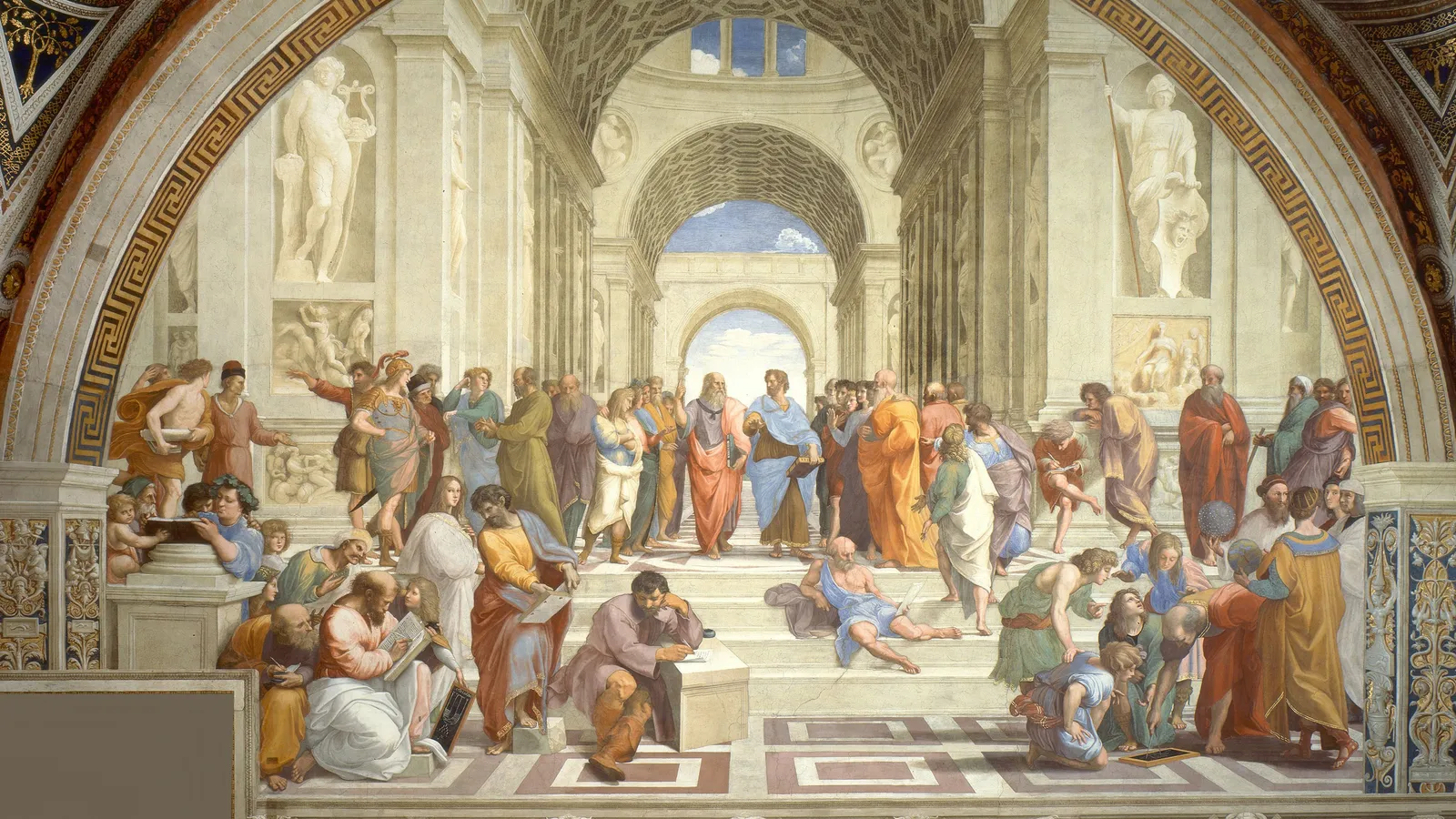Raphael's School of Athens: Plato and Aristotle walking under the central arches, philosophers gathered around them on the steps.
