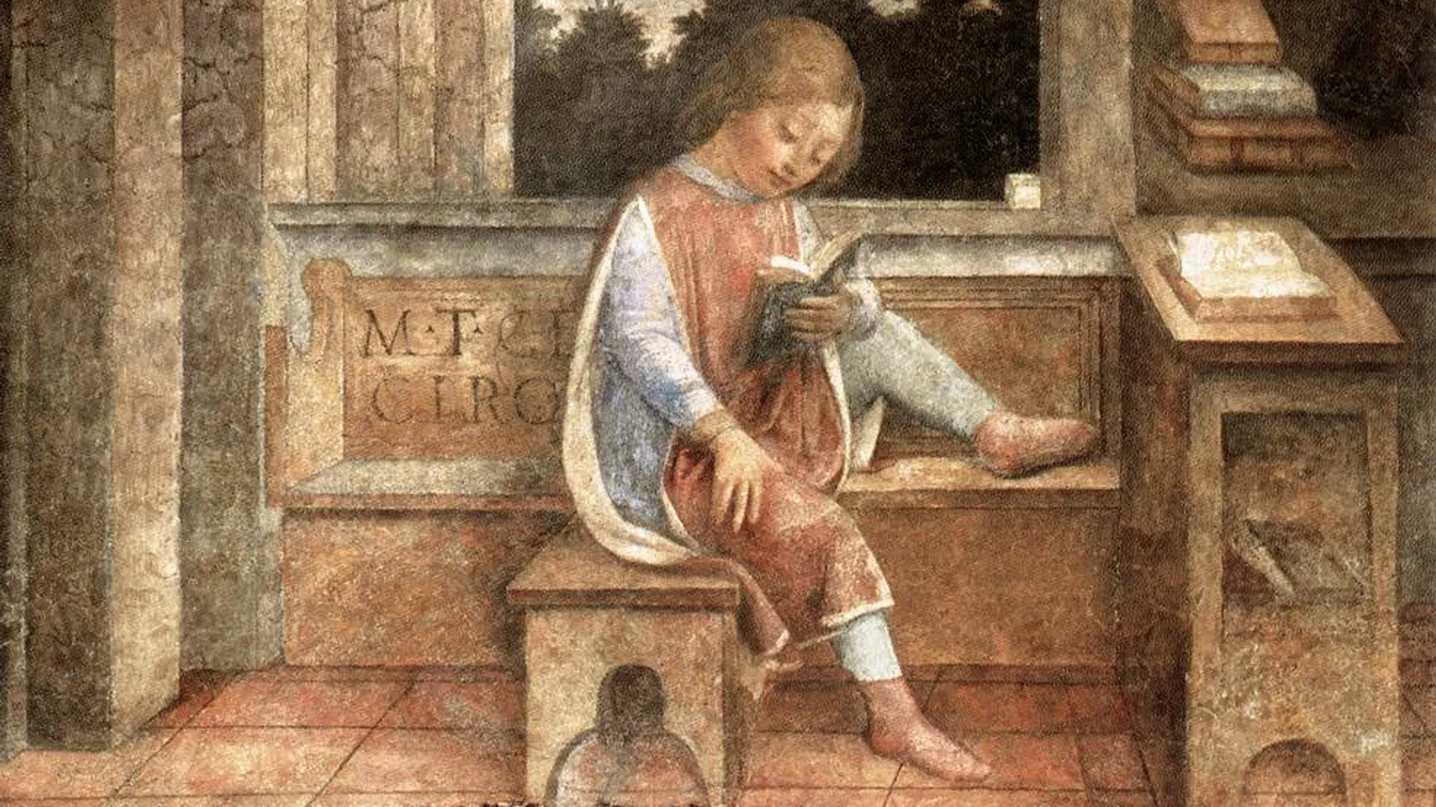 Vincenzo Foppa's fresco of the young Cicero reading on a bench, with the name Cicero inscribed behind him.