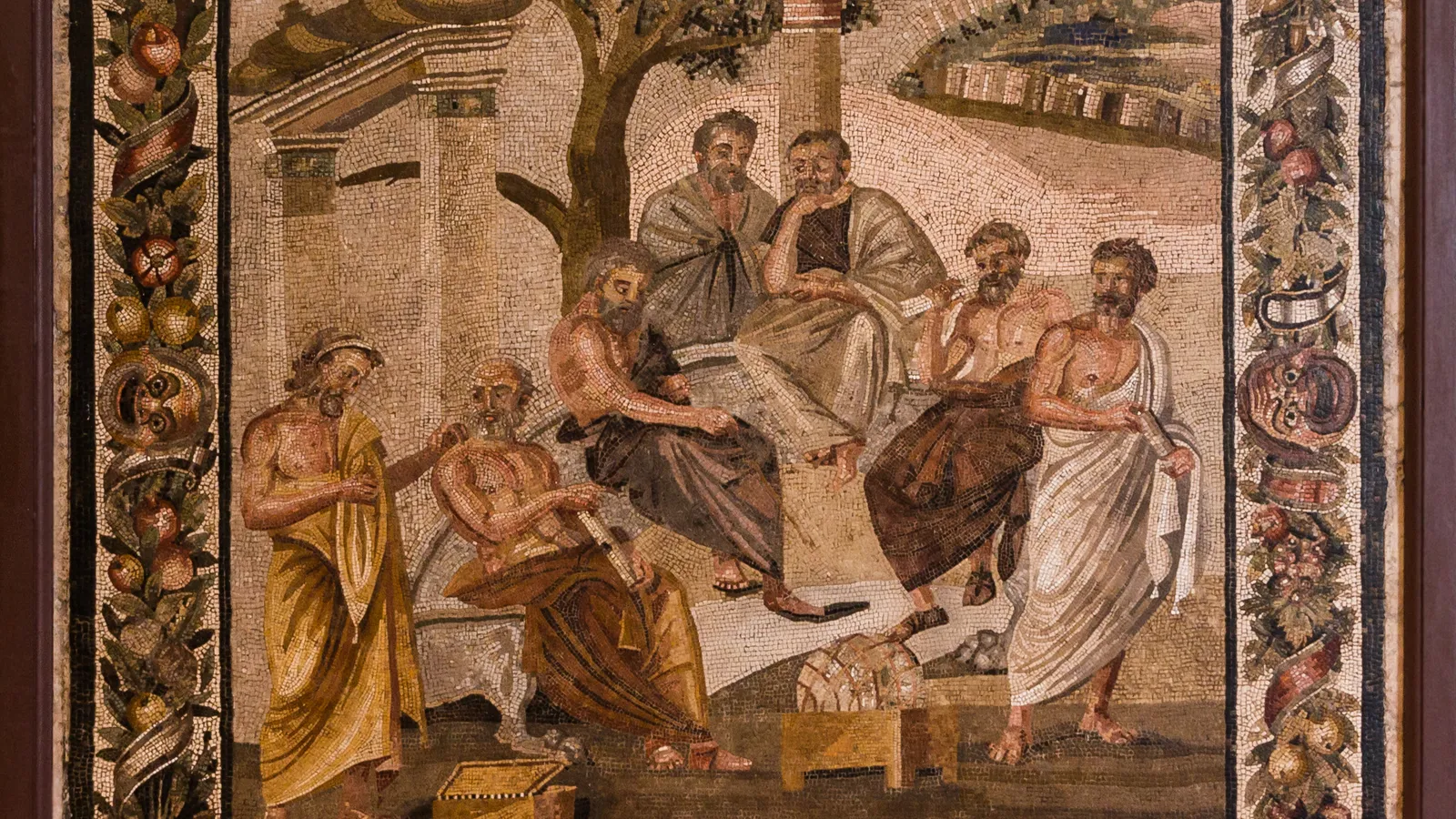 Roman mosaic of Plato's Academy from Pompeii: seven philosophers gathered under a tree.