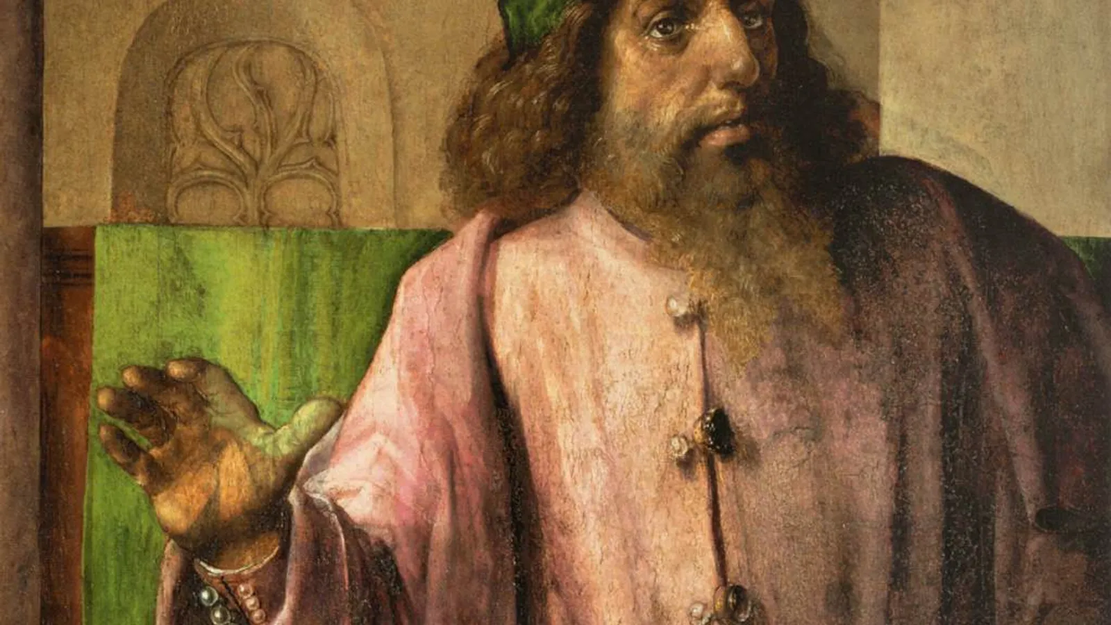 Fifteenth-century panel portrait of Aristotle in scholar's robes.