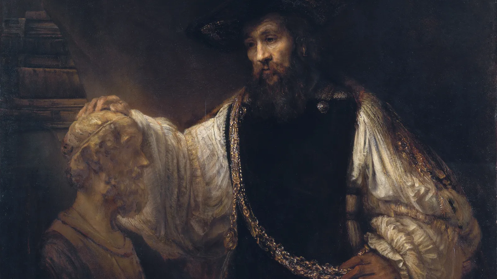 Rembrandt painting of Aristotle contemplating the bust of Homer.