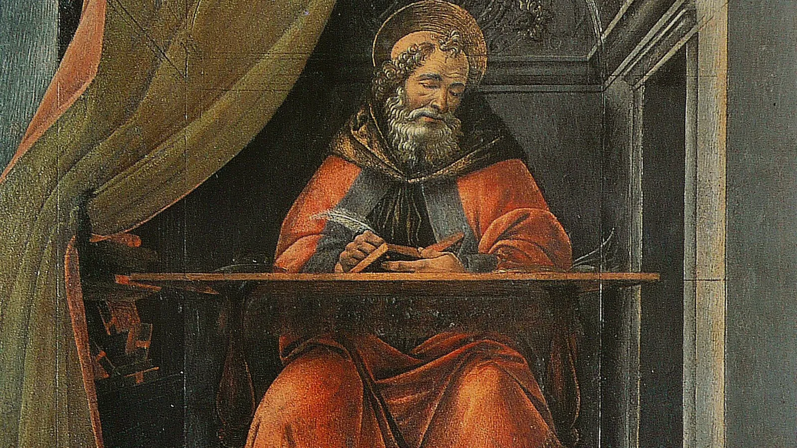 Renaissance panel painting of Saint Augustine seated in his cell writing.