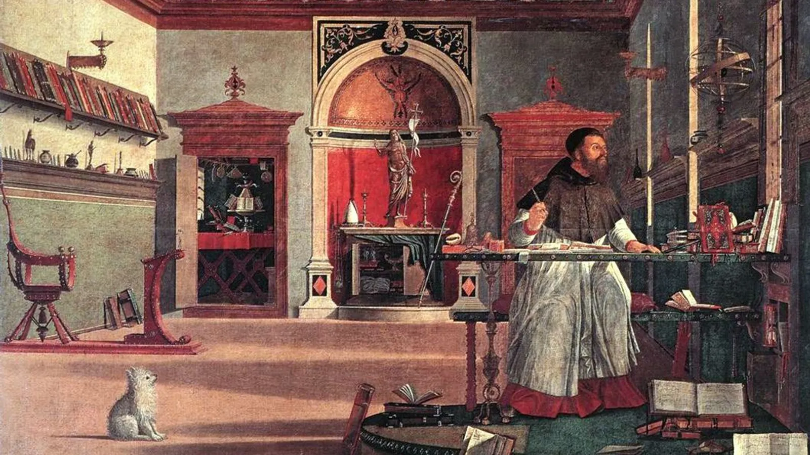 Renaissance painting of Saint Augustine in his study at the moment of a vision.