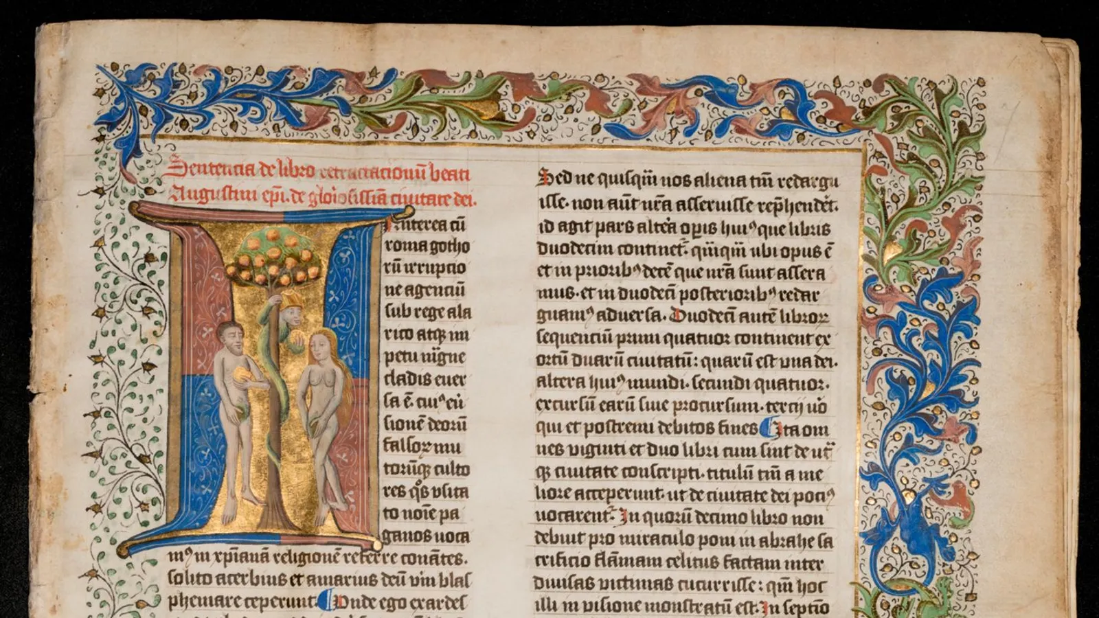 Illuminated frontispiece of a medieval De Civitate Dei manuscript.