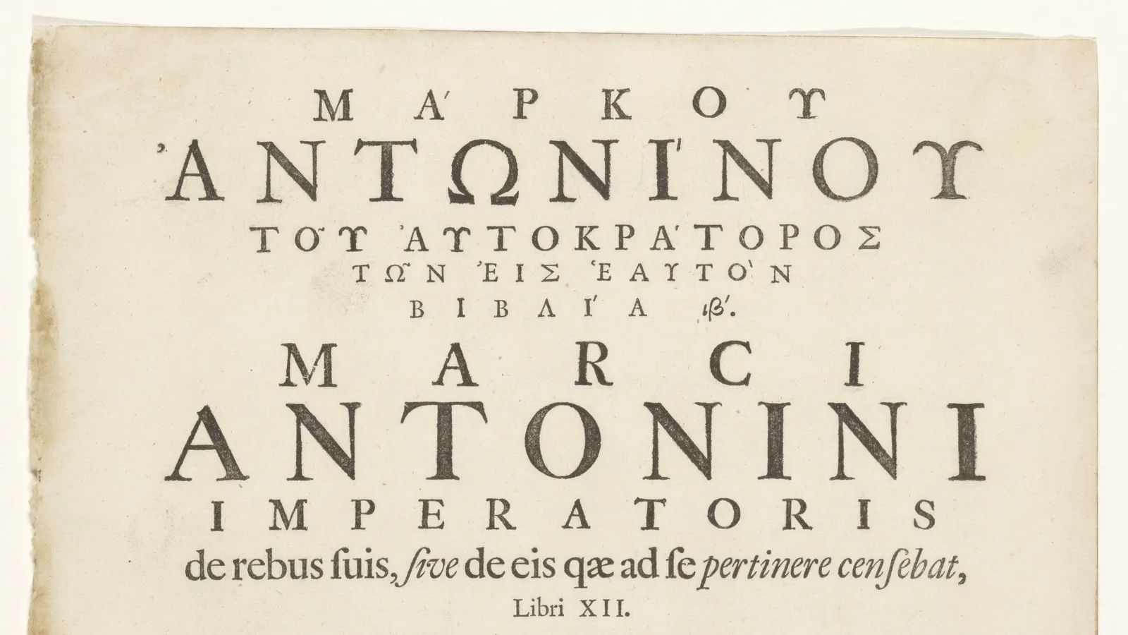 Title page of Thomas Gataker's 1697 Greek-Latin edition of the Meditations, with the Greek title set in large display capitals above the Latin.