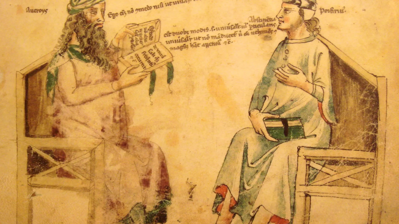 Fourteenth-century manuscript miniature of Averroes in an imaginary debate with the philosopher Porphyry.