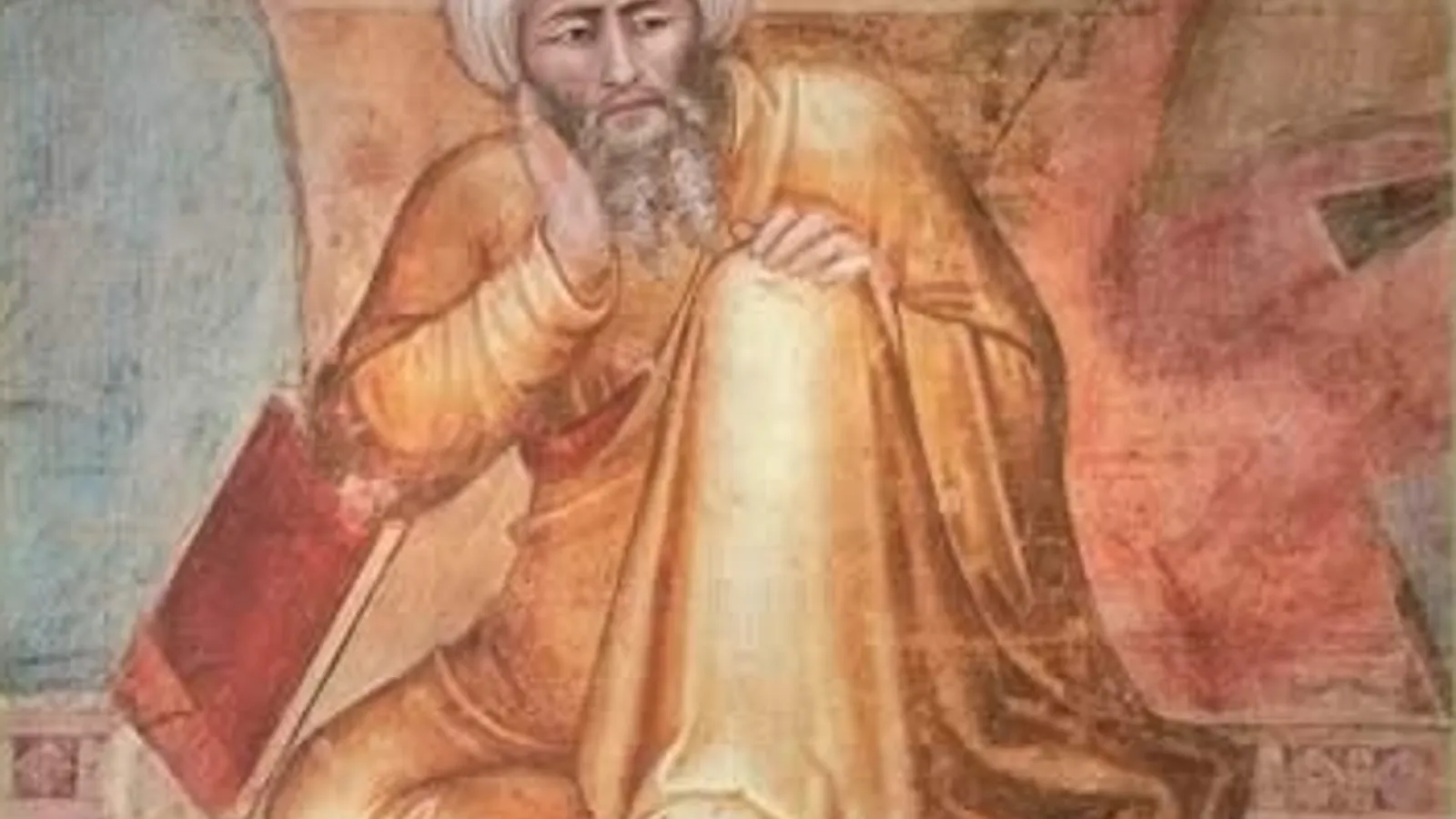 Detail of Averroes from Andrea di Bonaiuto's Triumph of Saint Thomas fresco, showing him seated among the defeated heretics below Aquinas.