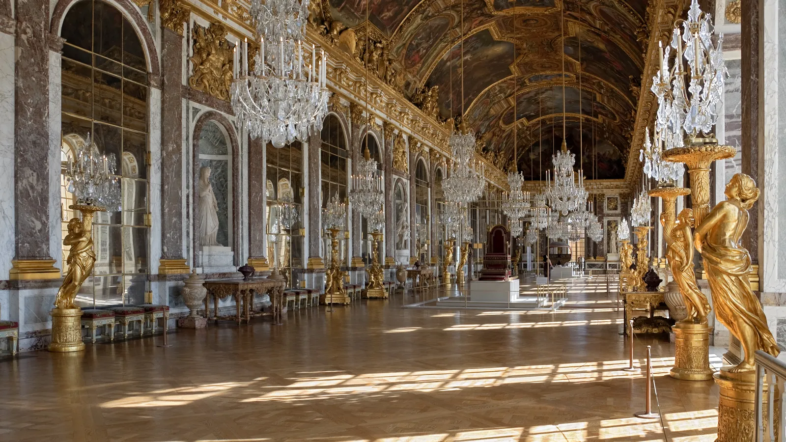 The Galerie des Glaces (Hall of Mirrors) at the Palace of Versailles.