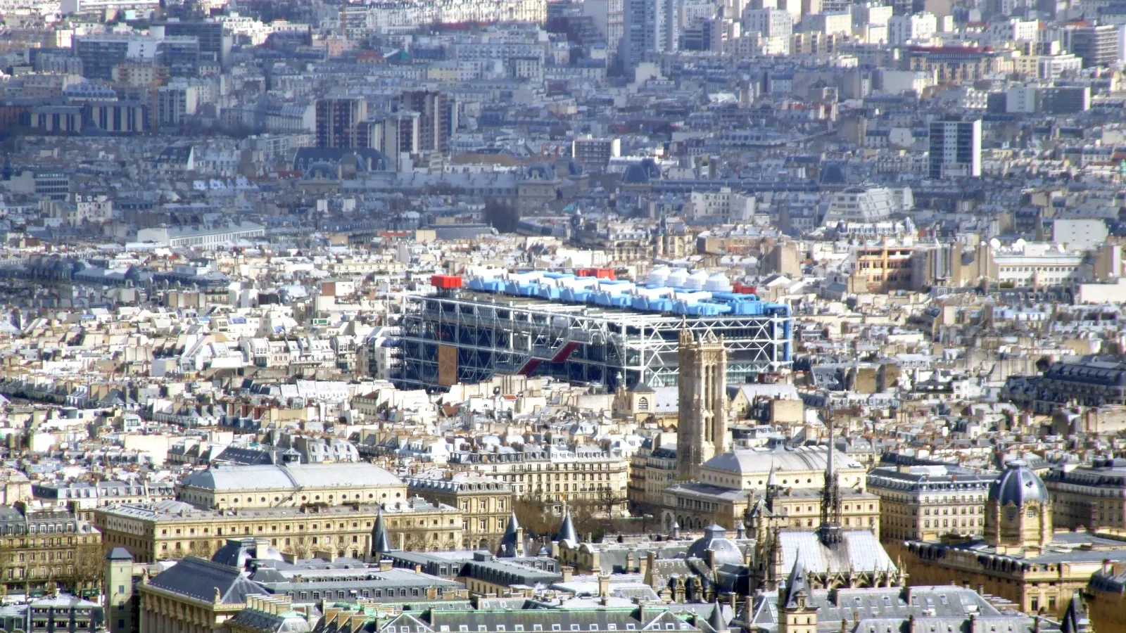 The Centre Pompidou (Beaubourg) seen over the rooftops of Paris.