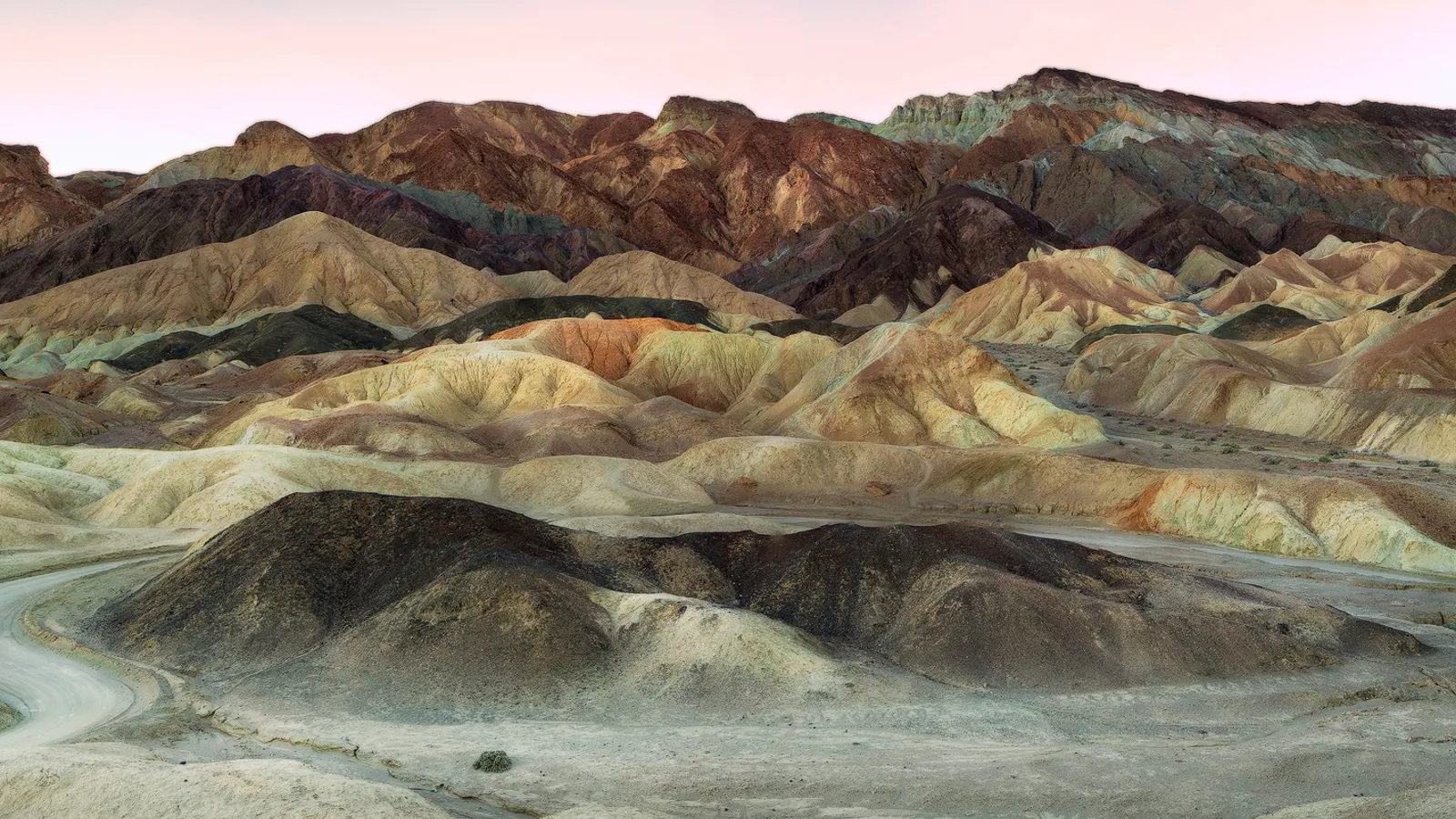 Death Valley landscape, California: the badlands of the American desert at sunset.