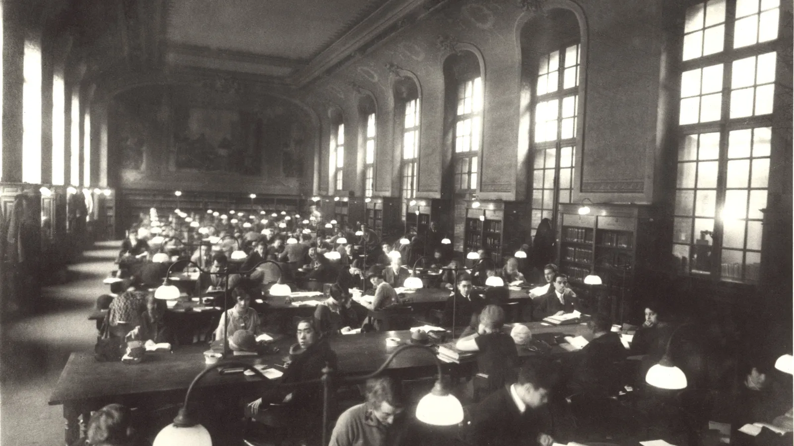 The grand reading room of the Sorbonne library photographed in 1929.