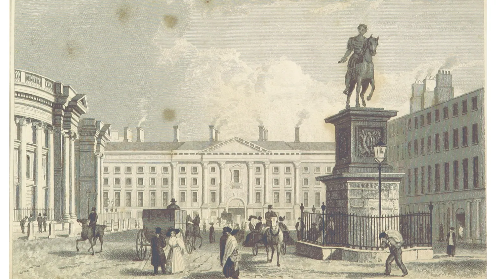 Nineteenth-century engraving of Trinity College Dublin's Parliament Square and front gate.