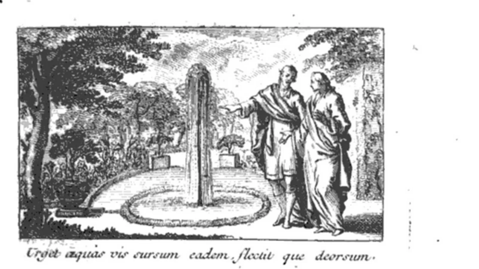 Eighteenth-century engraved headpiece showing two figures conversing in a formal garden with a fountain.
