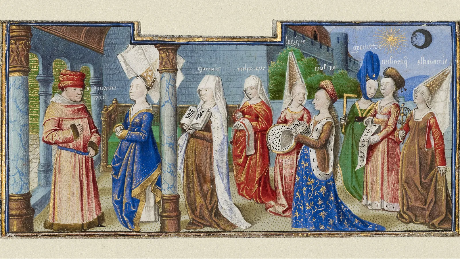 Medieval manuscript illumination of Boethius visited by Lady Philosophy.