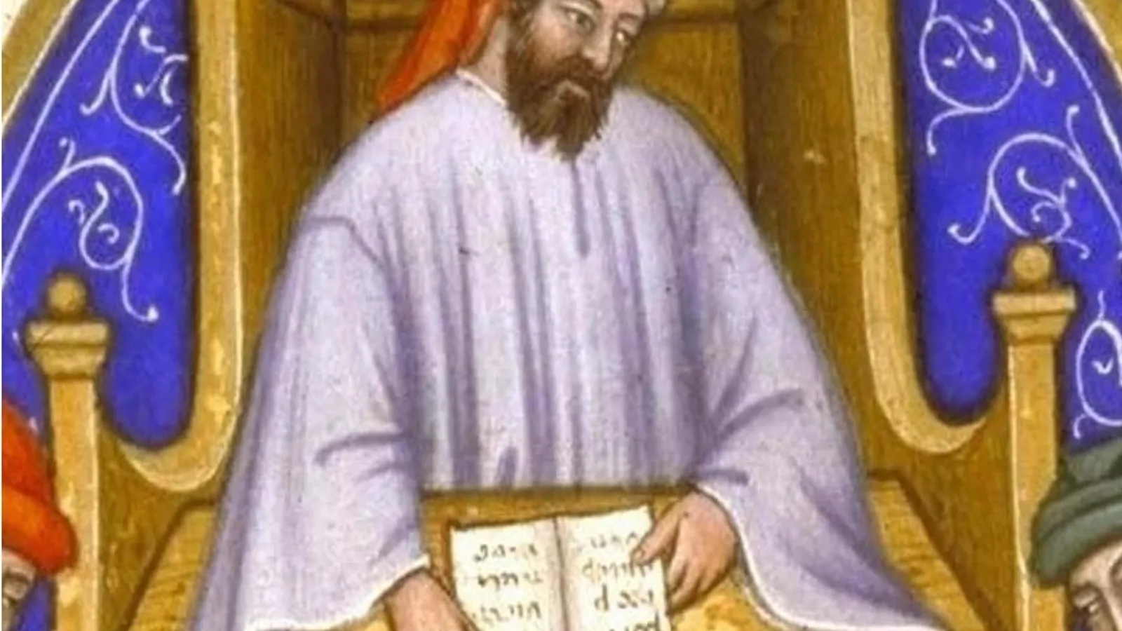 Illuminated initial showing Boethius teaching his students from a medieval manuscript of the Consolation of Philosophy.