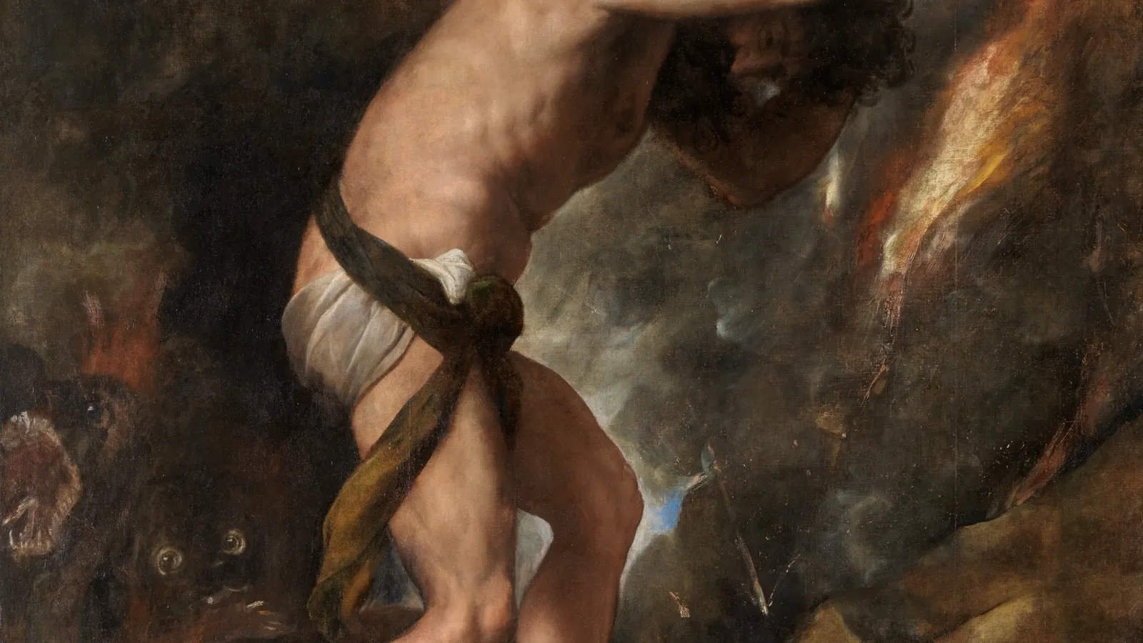 Titian's painting of Sisyphus pushing his rock up a steep slope, surrounded by smoke and fire.