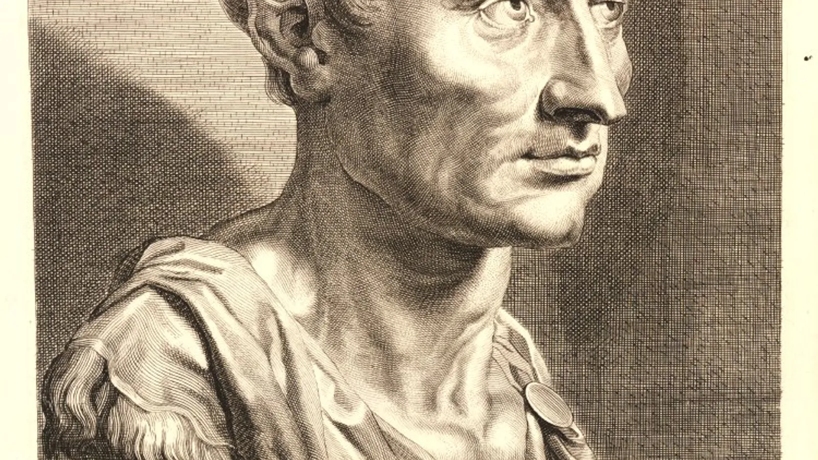 Engraving of Cicero after a Roman bust, head and shoulders in three-quarter view.