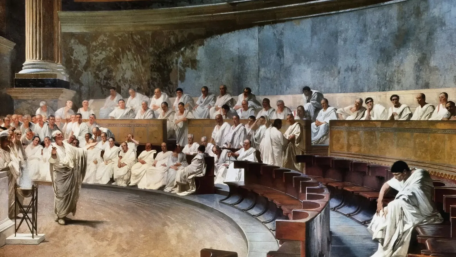 Nineteenth-century fresco of Cicero denouncing Catiline in the Roman Senate.