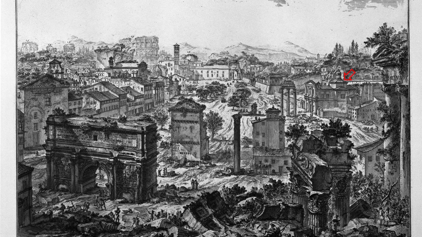 View of the ruins of the Roman Forum with the Rostra in the foreground.