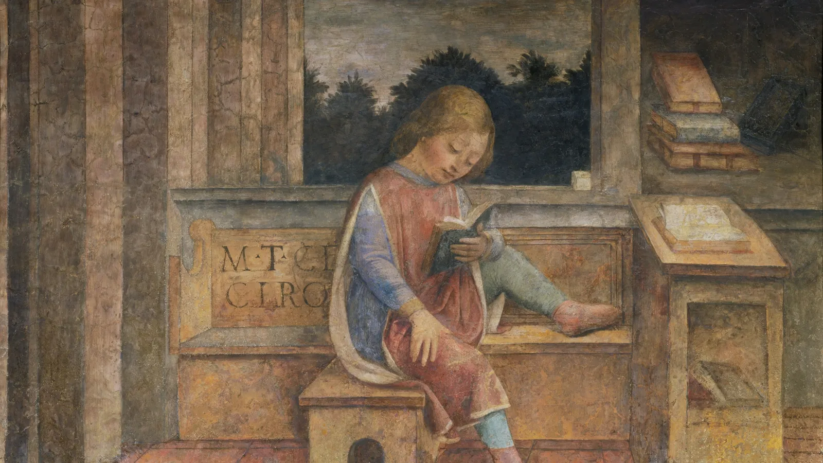 Fifteenth-century painted panel of the young Cicero reading.
