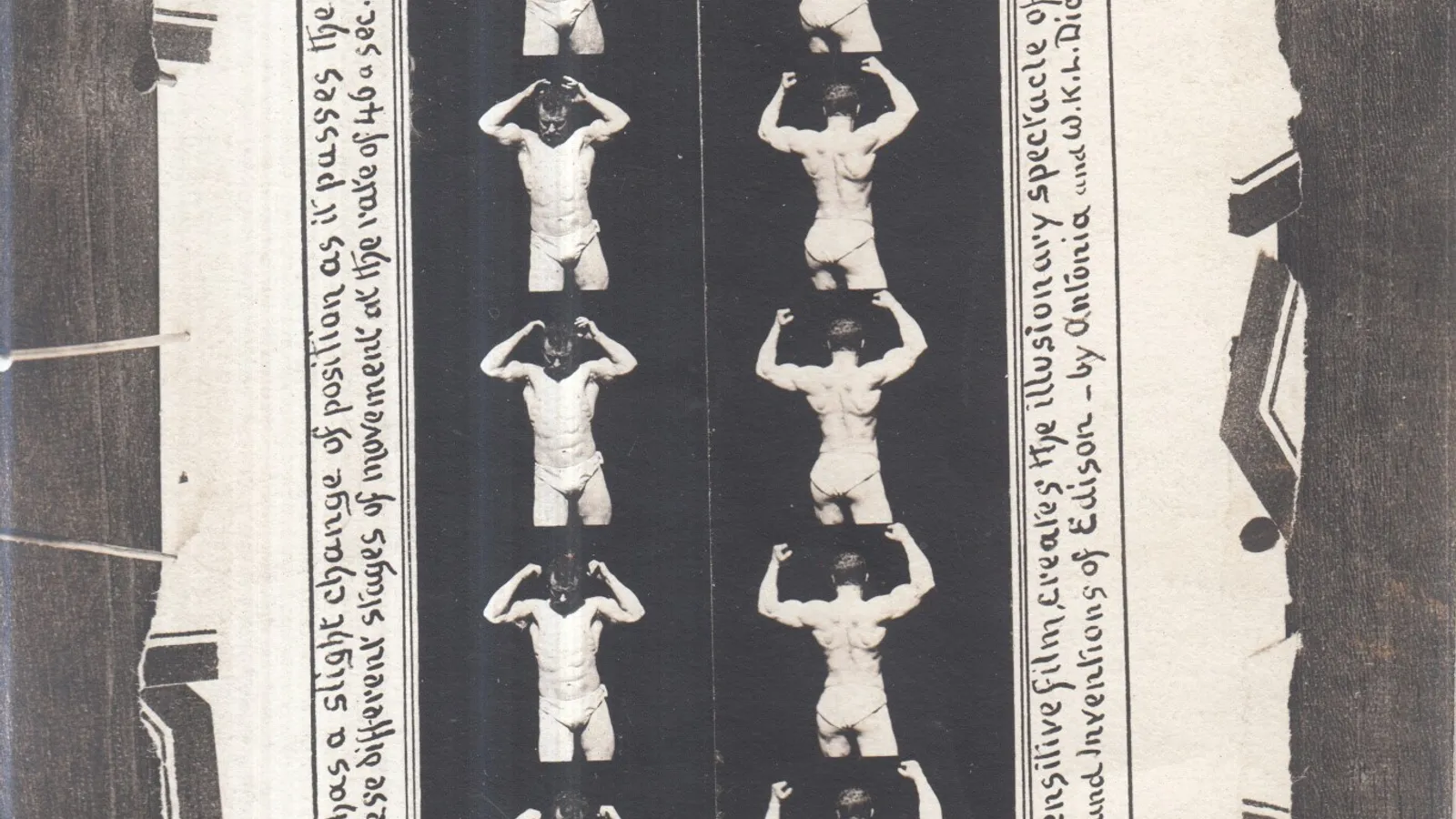 An 1894 Edison Kinetoscope souvenir strip showing successive frames of a moving figure.