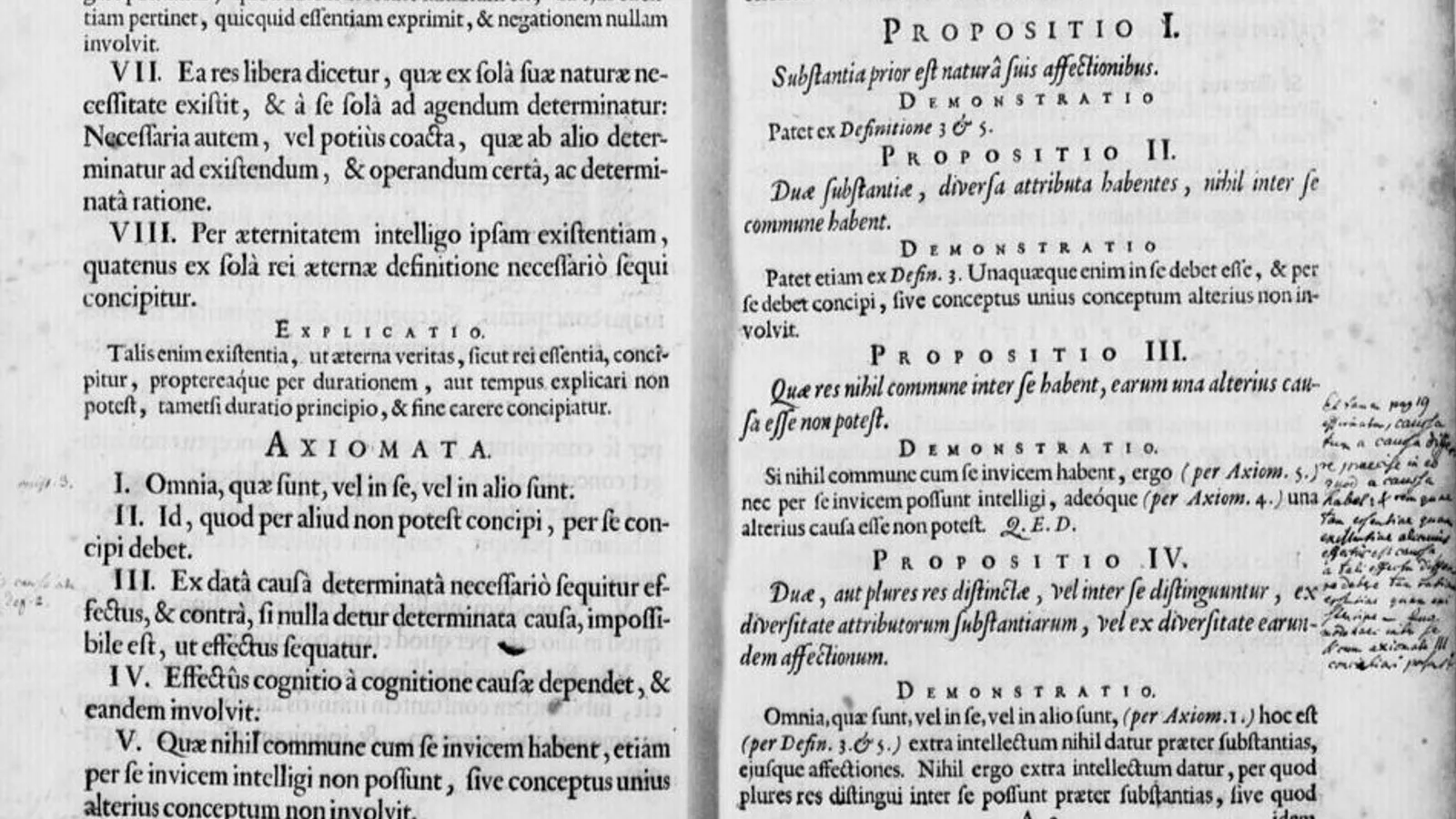 Spinoza Ethics Part 1, propositions I-IV from the 1677 Opera Posthuma.