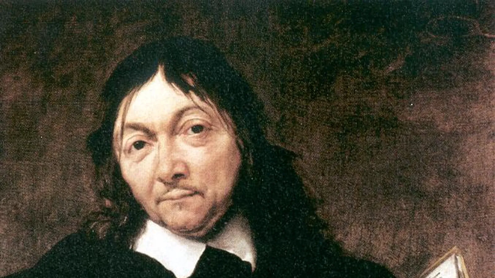 Painted portrait of René Descartes holding a book inscribed Mundus est fabula.