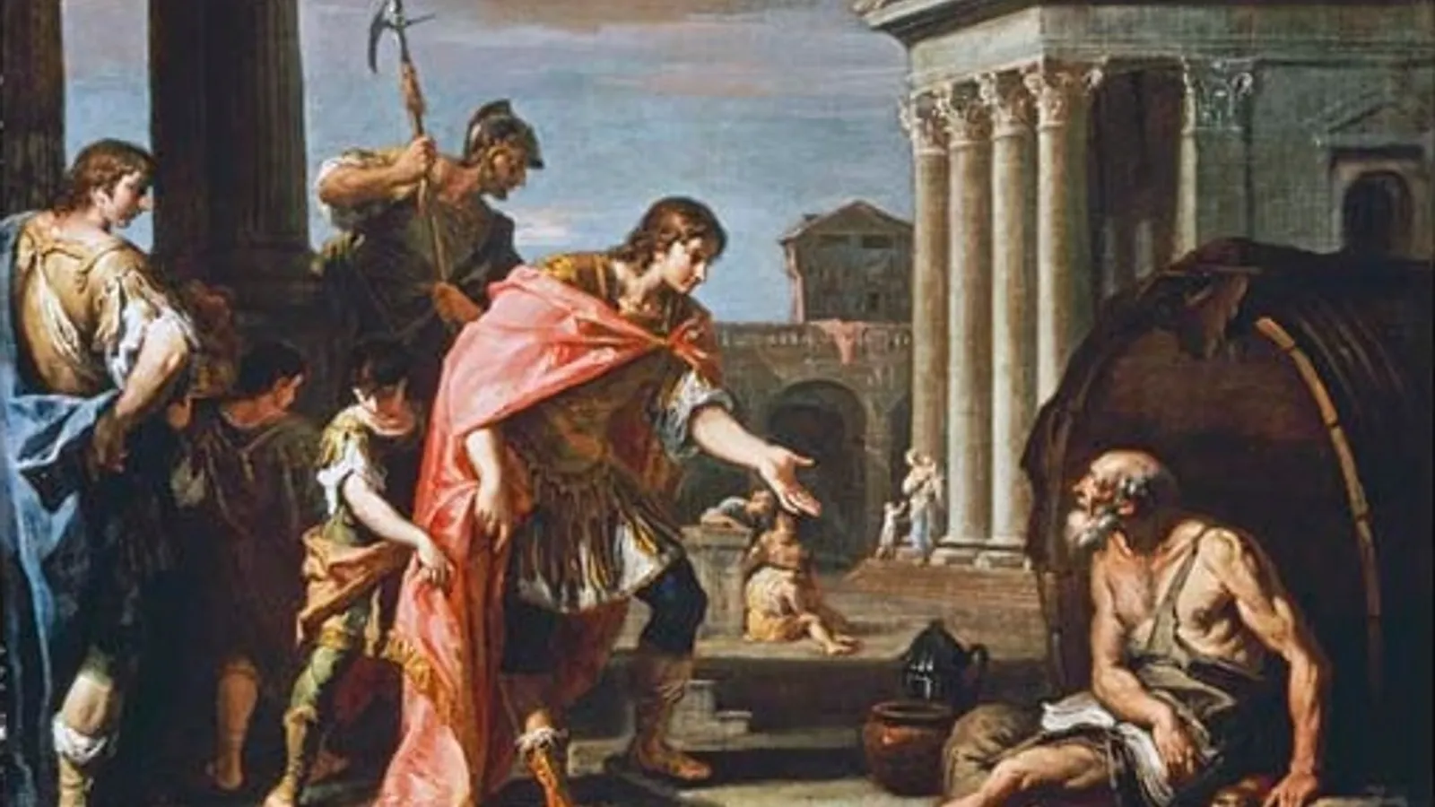 Classical painting of Alexander the Great visiting Diogenes at Corinth.