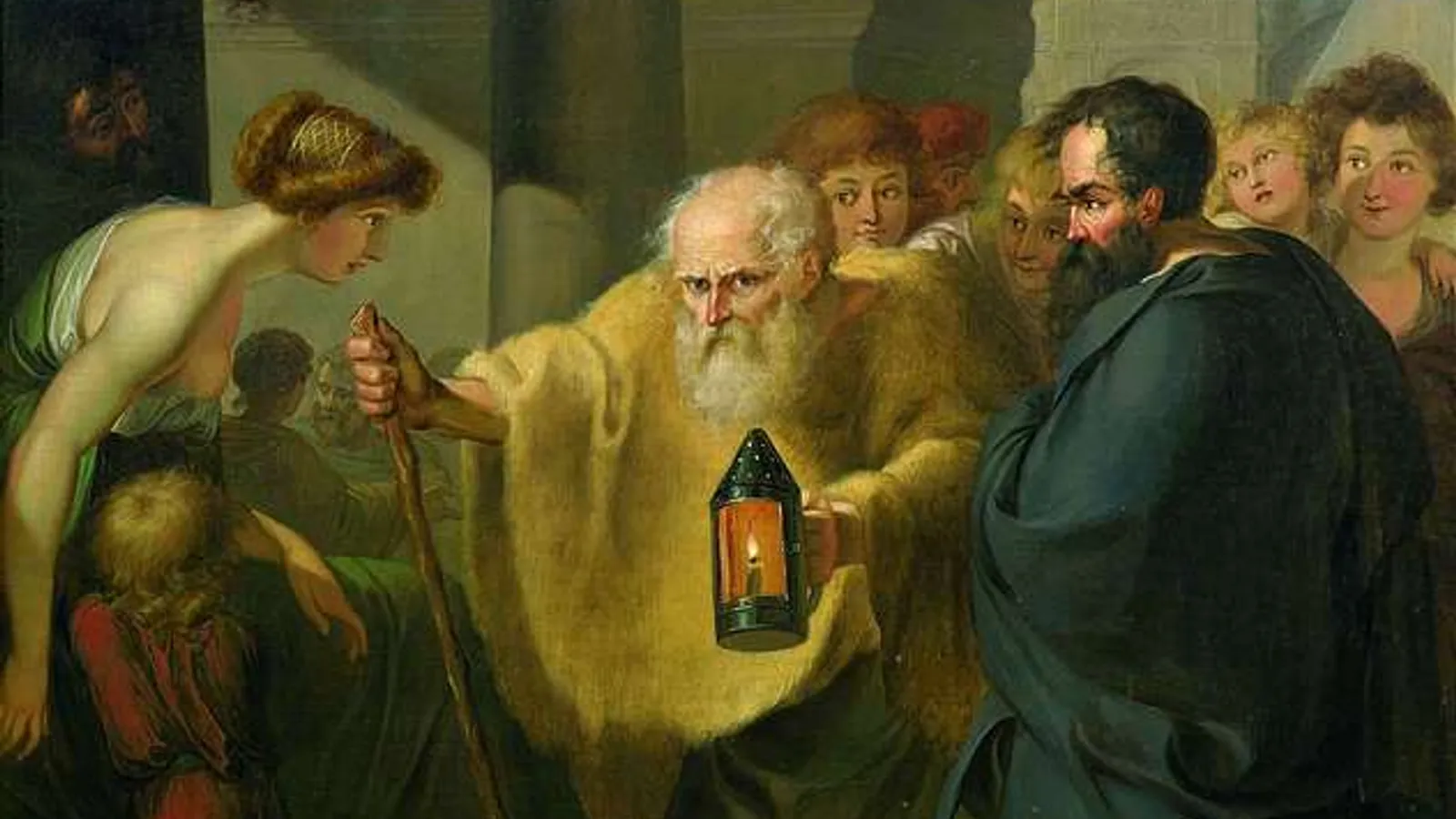Baroque painting of Diogenes searching with a lantern in daylight.