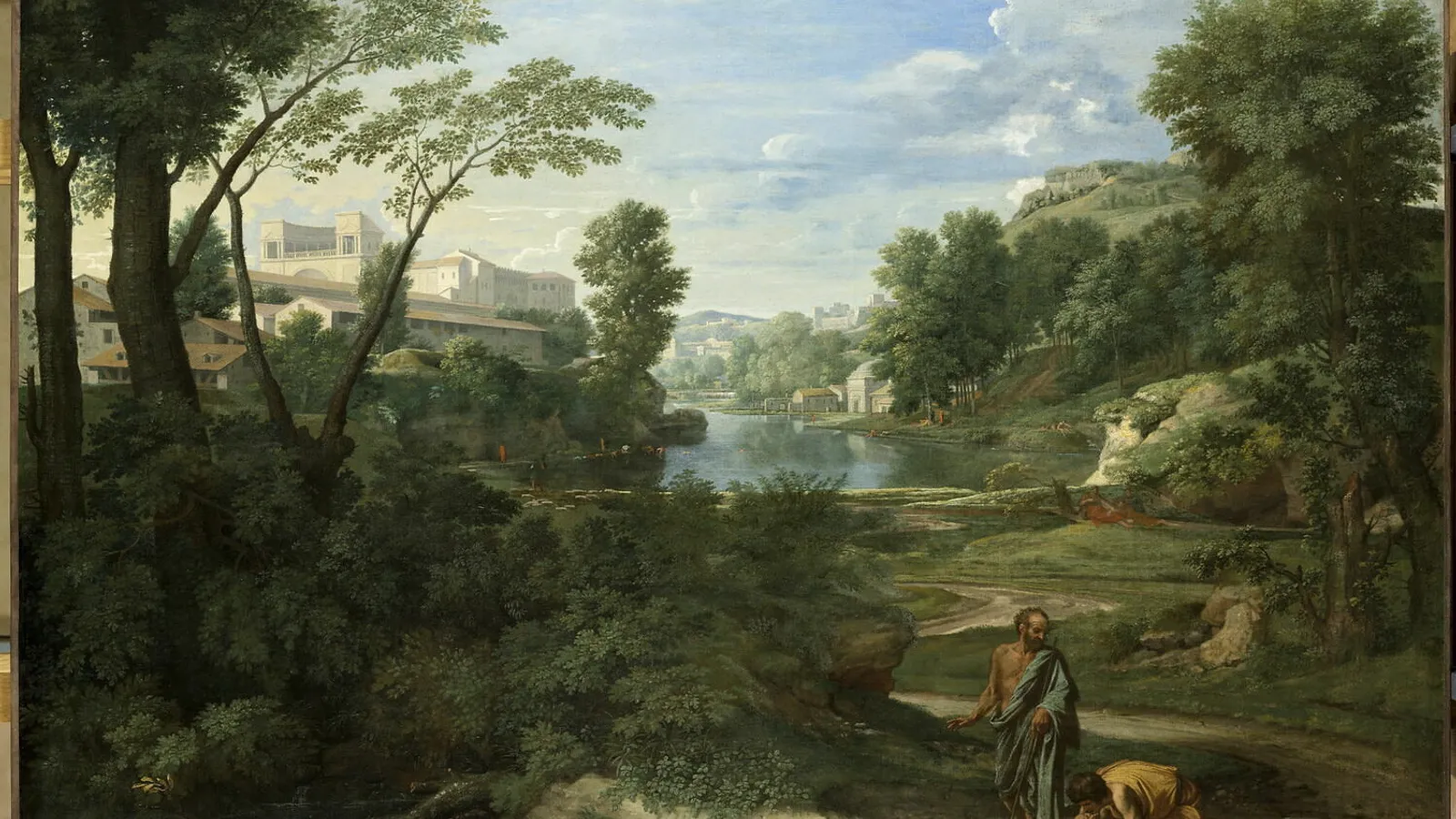 Poussin landscape with Diogenes throwing away his bowl beside a stream.