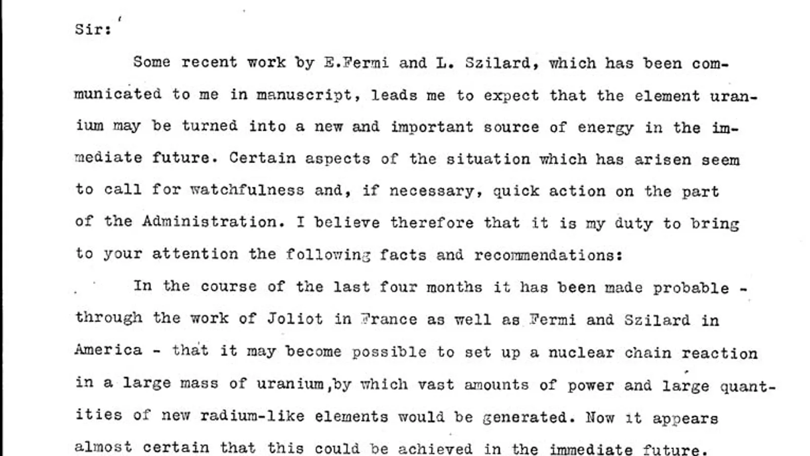 Page 1 of the August 2, 1939 Einstein-Szilard letter to President Roosevelt.