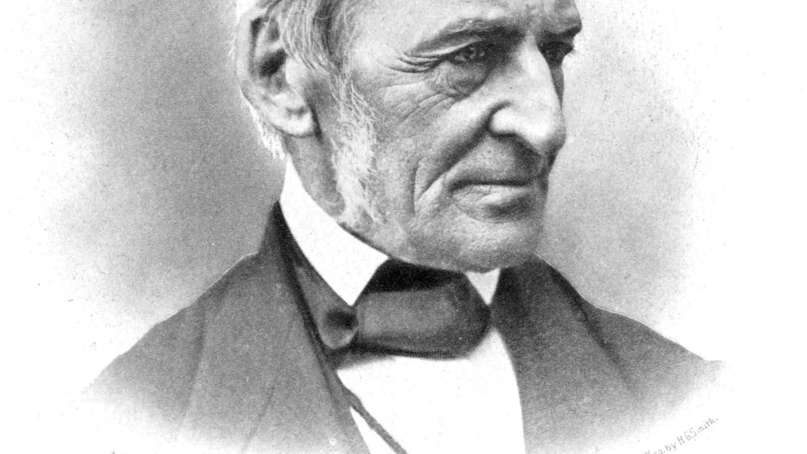 H.G. Smith's late-period engraved portrait of Emerson with white sideburns and the lined elder face.