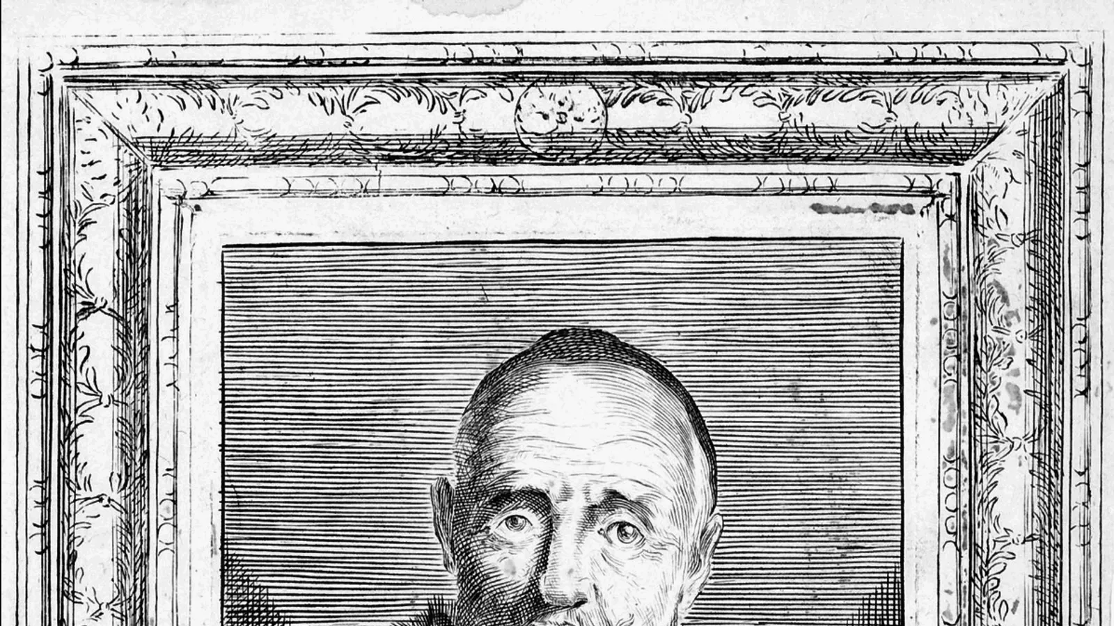 Framed engraved imagined portrait bust of Epictetus.