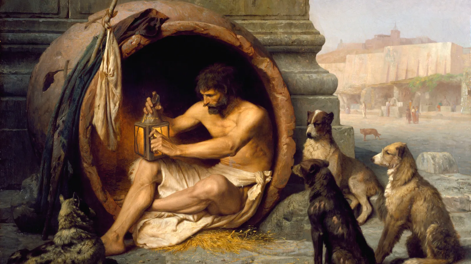 Nineteenth-century painting of Diogenes the Cynic with his lamp in a barrel.