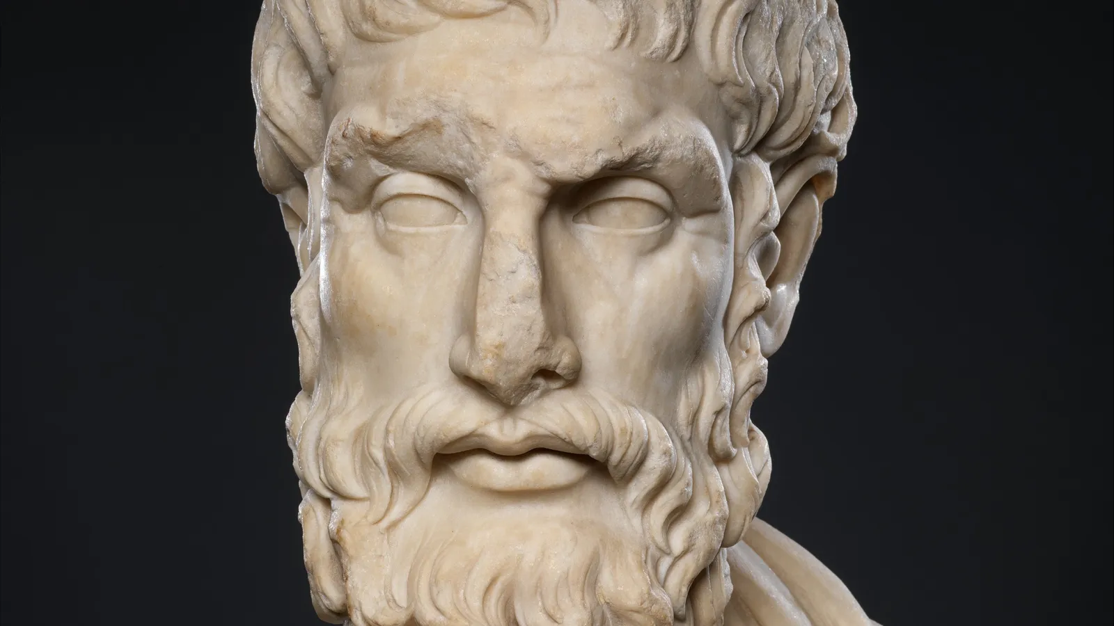 Roman marble portrait head of Epicurus, second-century-AD copy of a Hellenistic original, Metropolitan Museum of Art.
