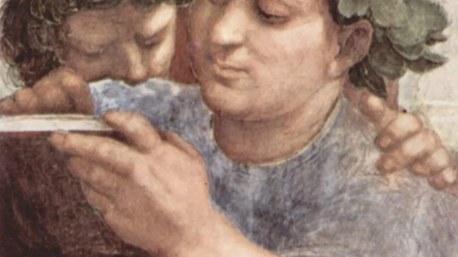 Detail of Epicurus from Raphael's School of Athens, the wreathed figure on the left writing in a book.