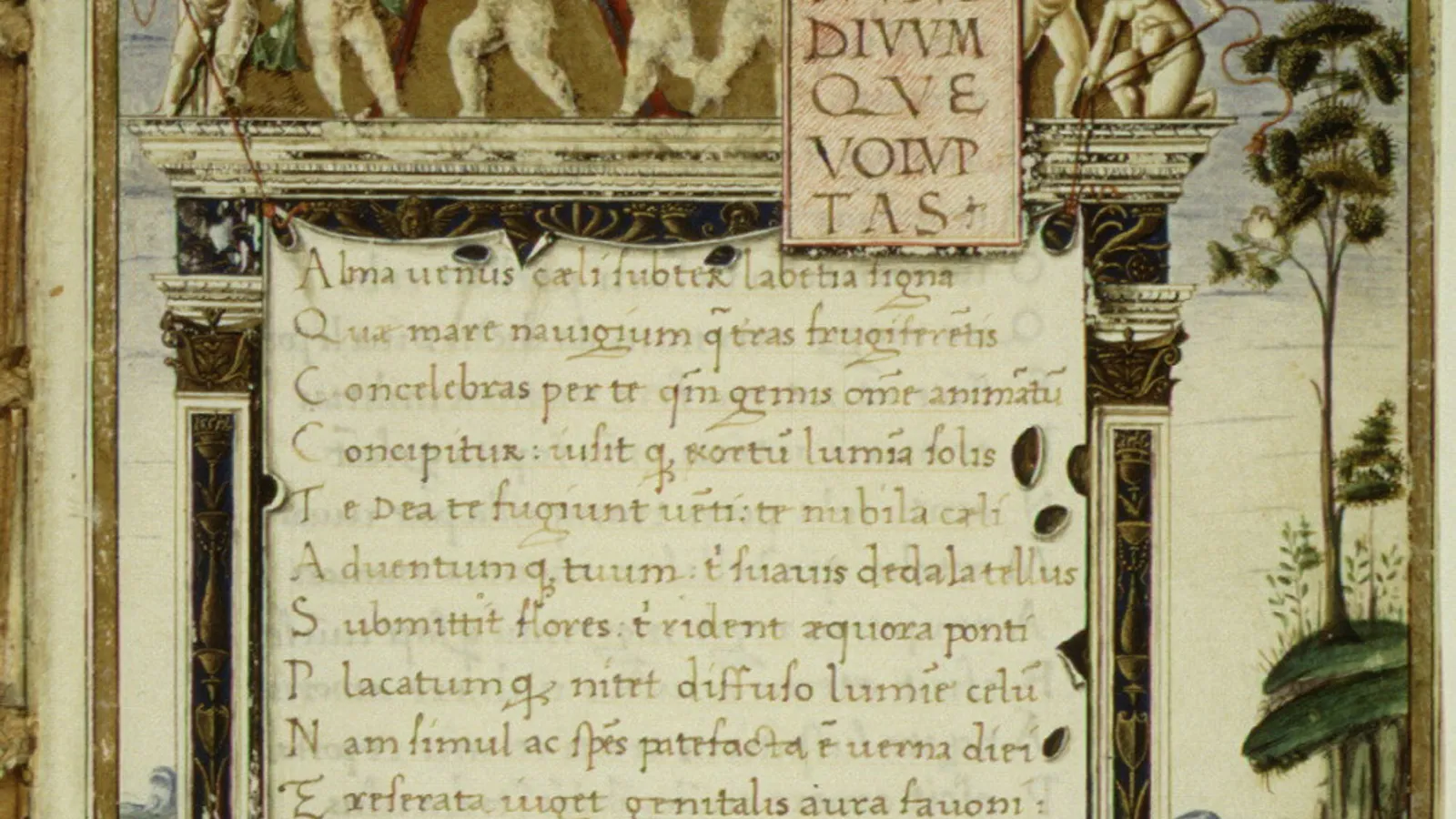 Opening folio of Lucretius's De Rerum Natura, illuminated 1483 manuscript copied for Pope Sixtus IV.