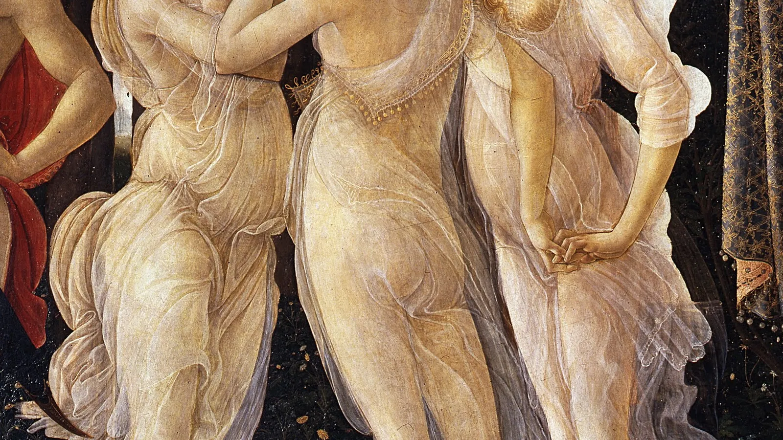 Detail from Sandro Botticelli's Primavera showing the Three Graces in motion.