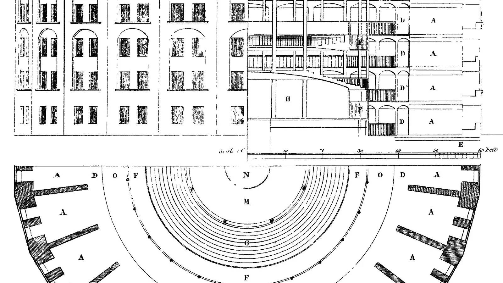 Architectural plan of Jeremy Bentham's panopticon prison, showing the central inspection tower and the surrounding ring of cells.