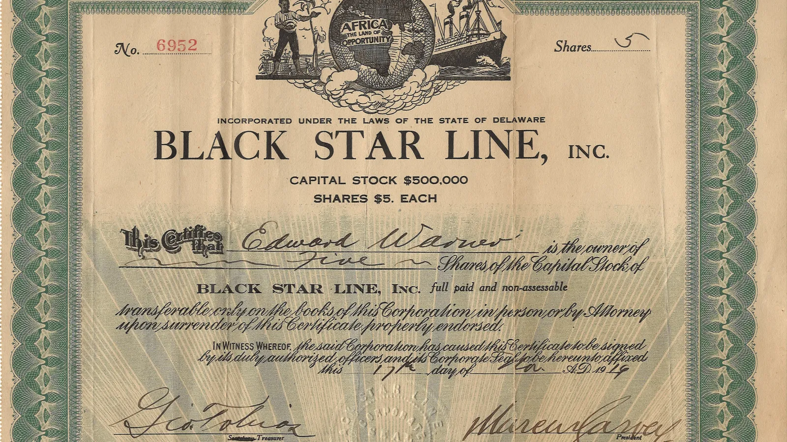 A 1920 advertisement for the Black Star Line Steamship Corporation, showing the SS Yarmouth.