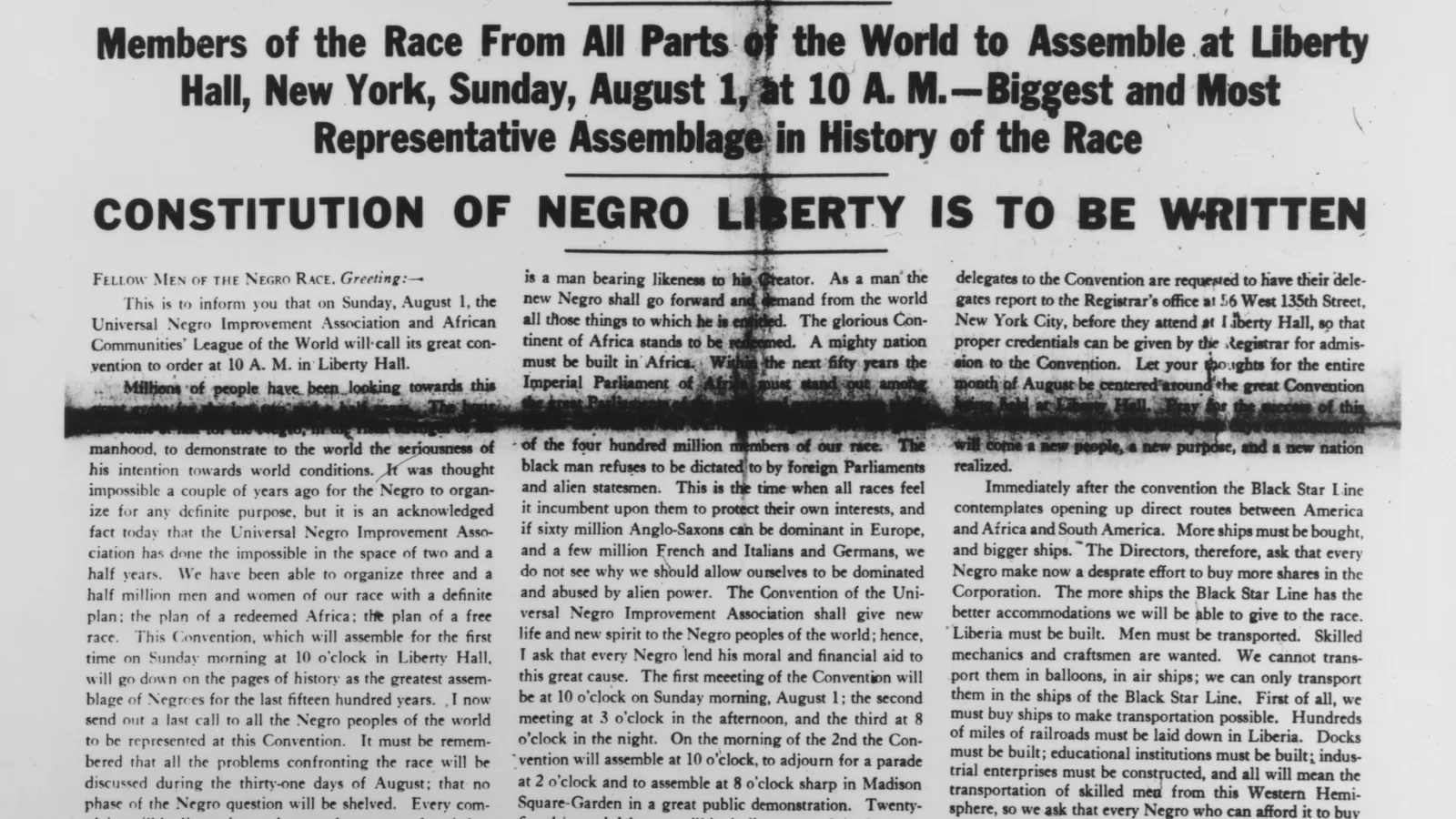 The July 31, 1920 front page of The Negro World, the UNIA's weekly Harlem-based newspaper.