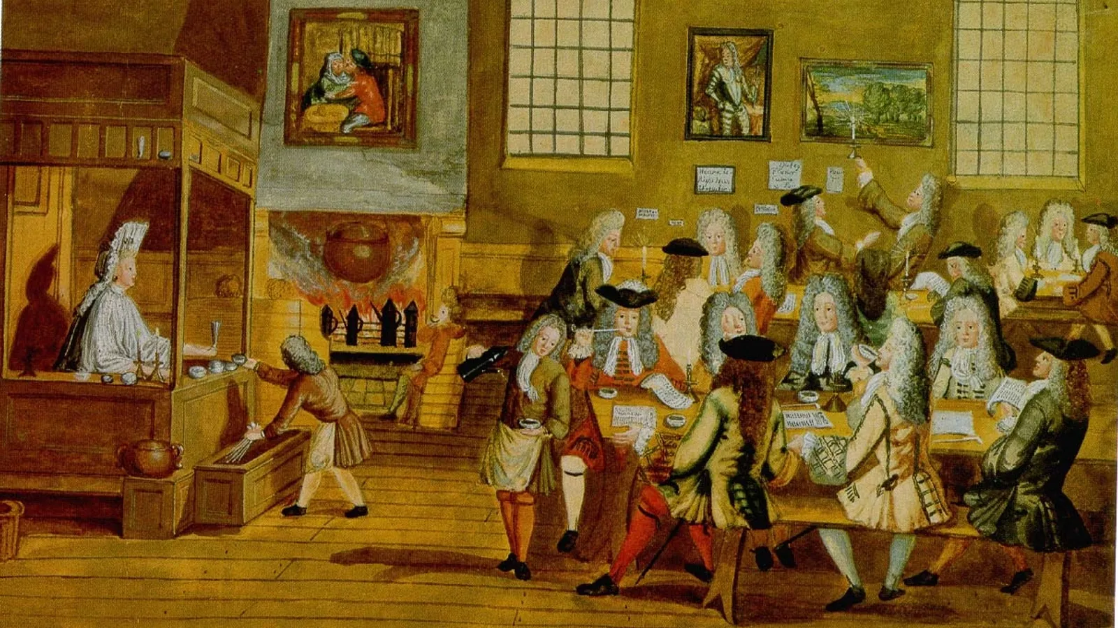 The interior of a London coffee-house in the seventeenth century, patrons gathered around tables in conversation.