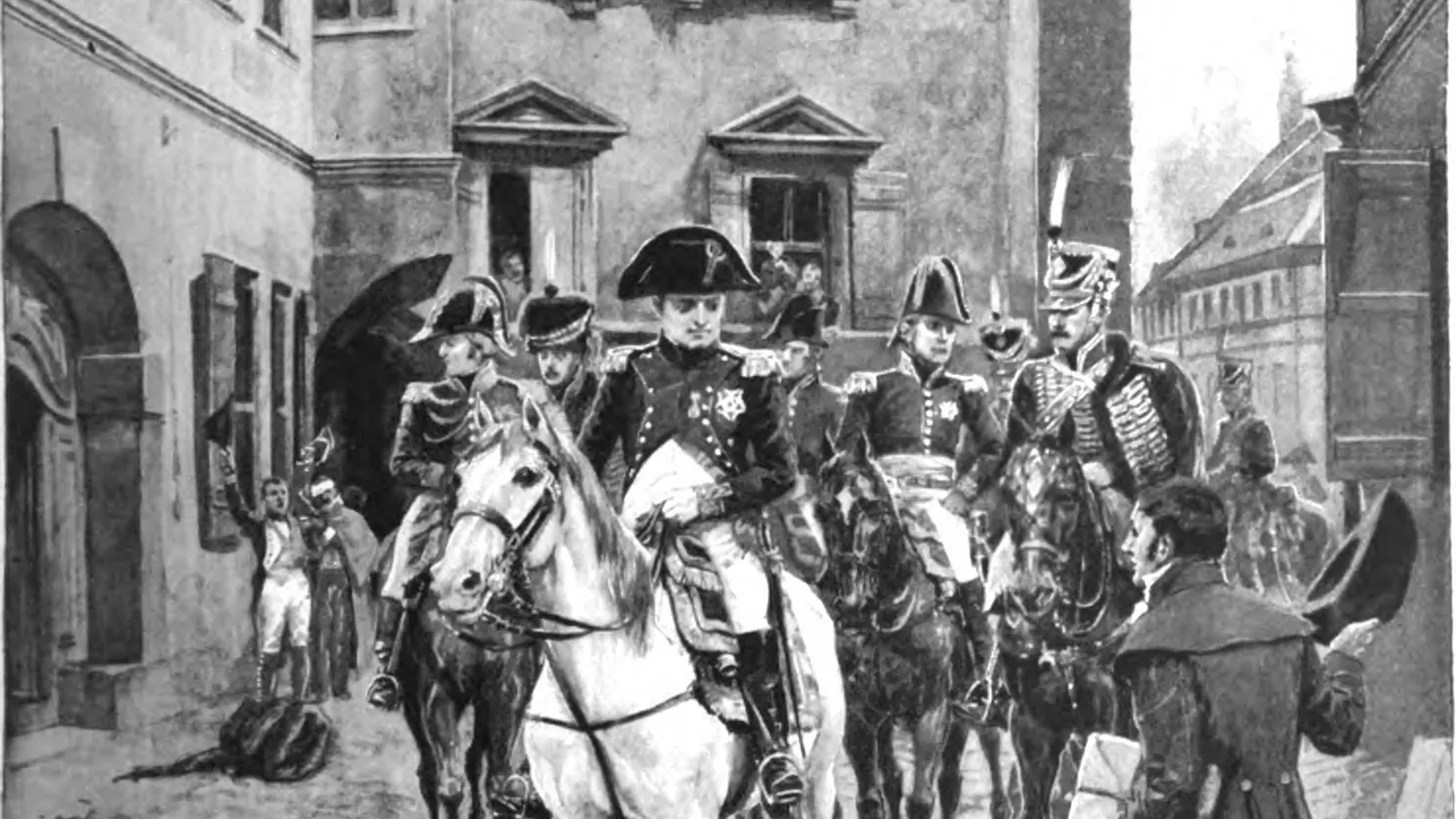 Nineteenth-century engraving of Napoleon on horseback passing Hegel at his window in Jena in 1806.