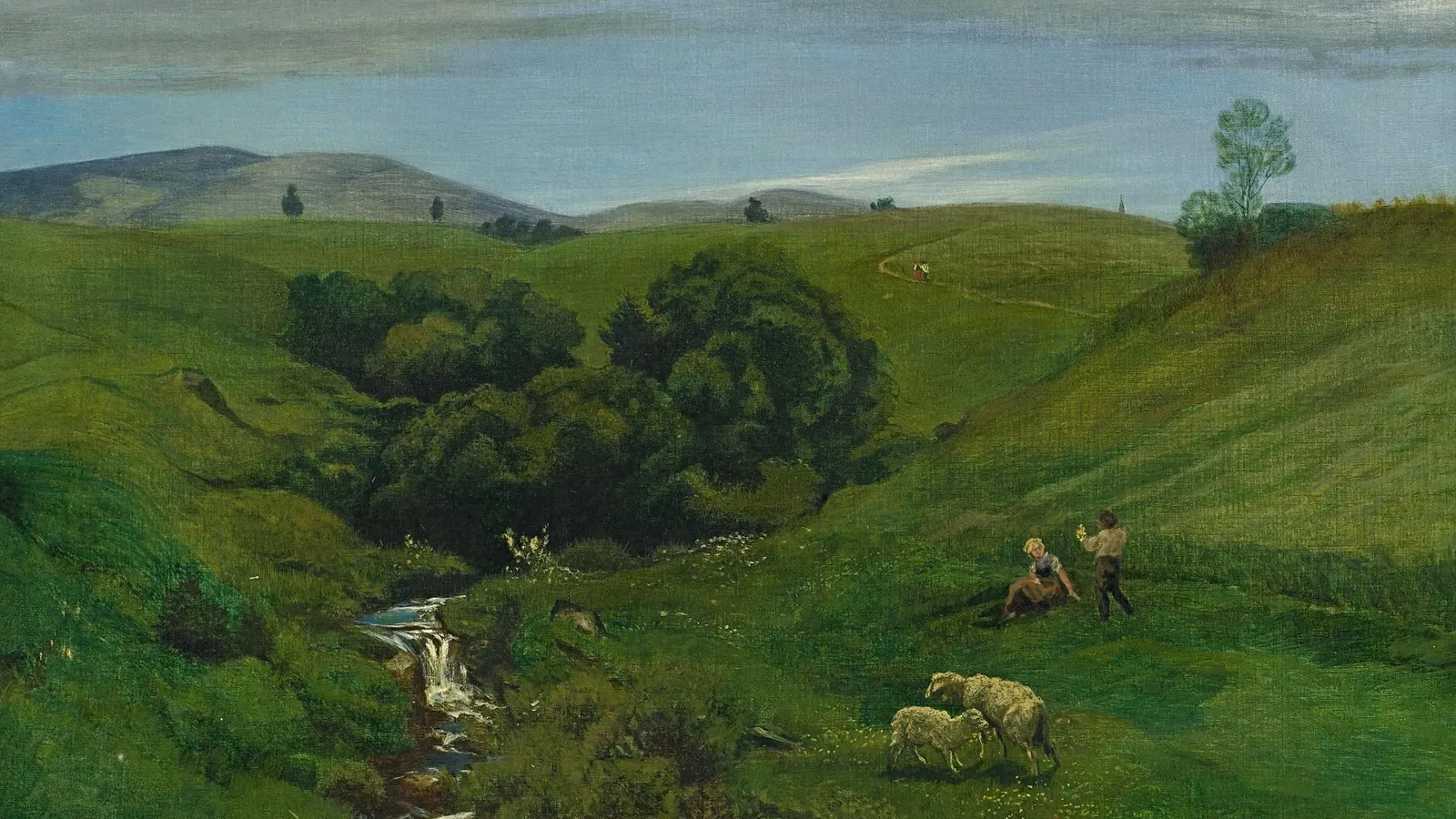 Hans Thoma's 1874 painting of a Black Forest meadow near Bernau, with pasture, stream, and distant hills.