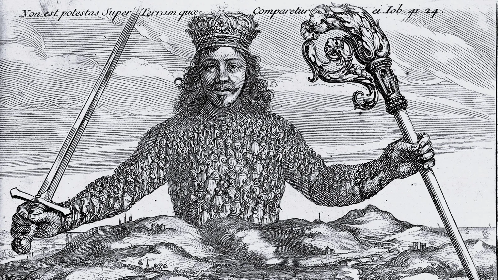 Frontispiece of Leviathan showing the sovereign composed of many small figures.