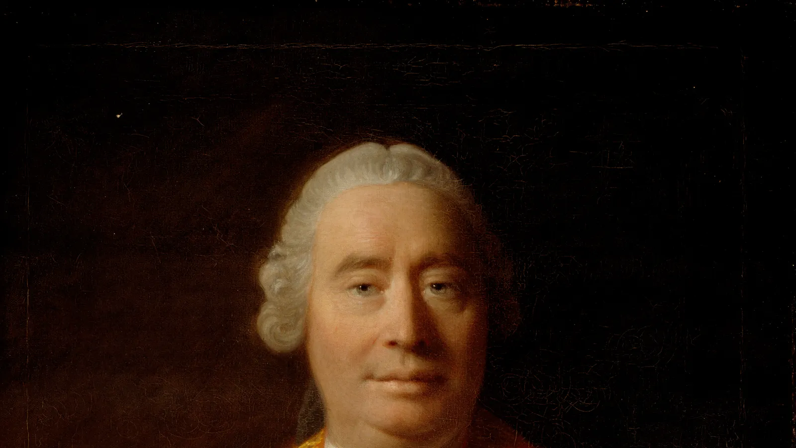 Allan Ramsay's 1766 oil portrait of David Hume in a red coat.